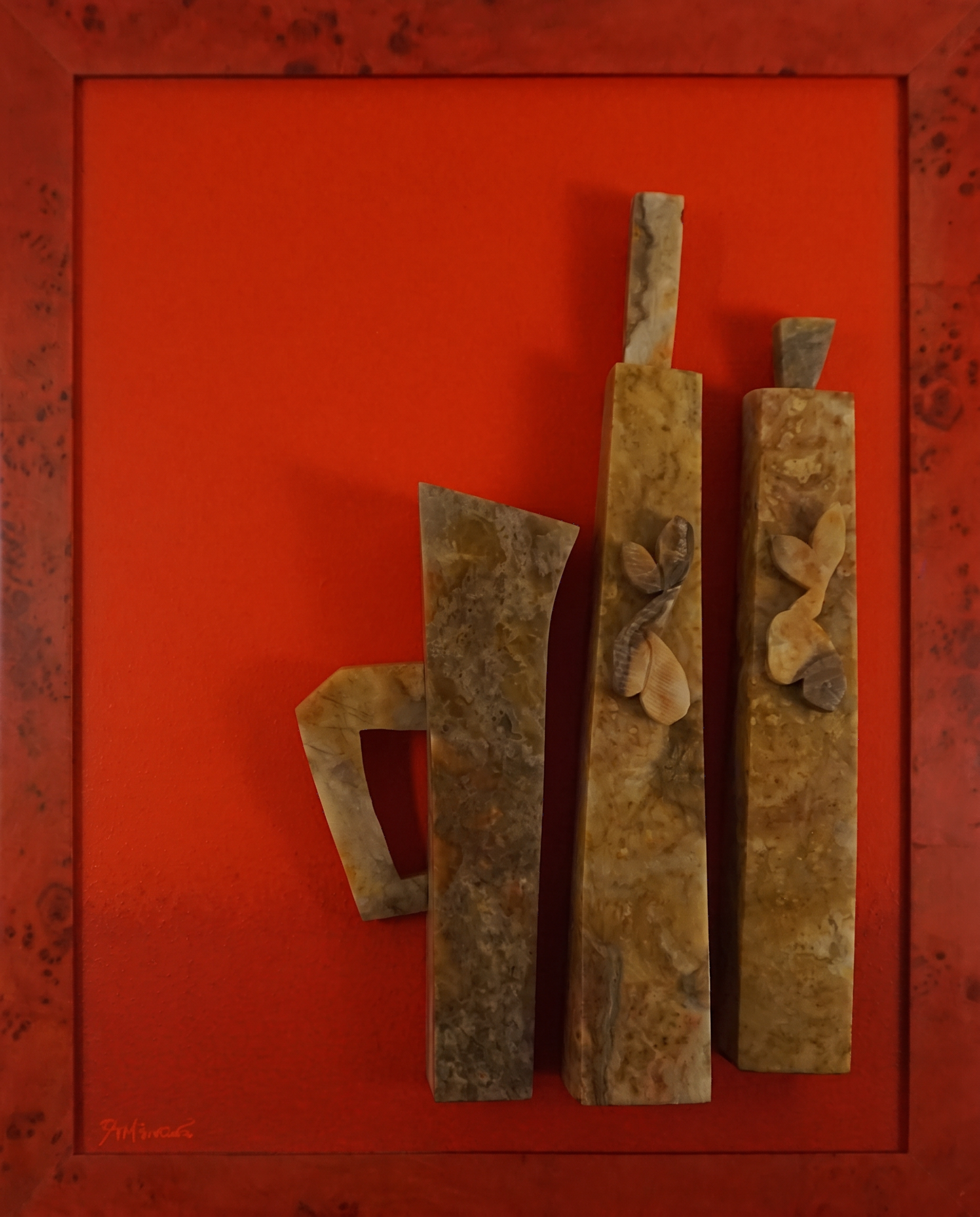 Etruria — Hand-cut stone vessel and pillar forms with carved stone butterflies on artist-built panel, painted hardwood frame
