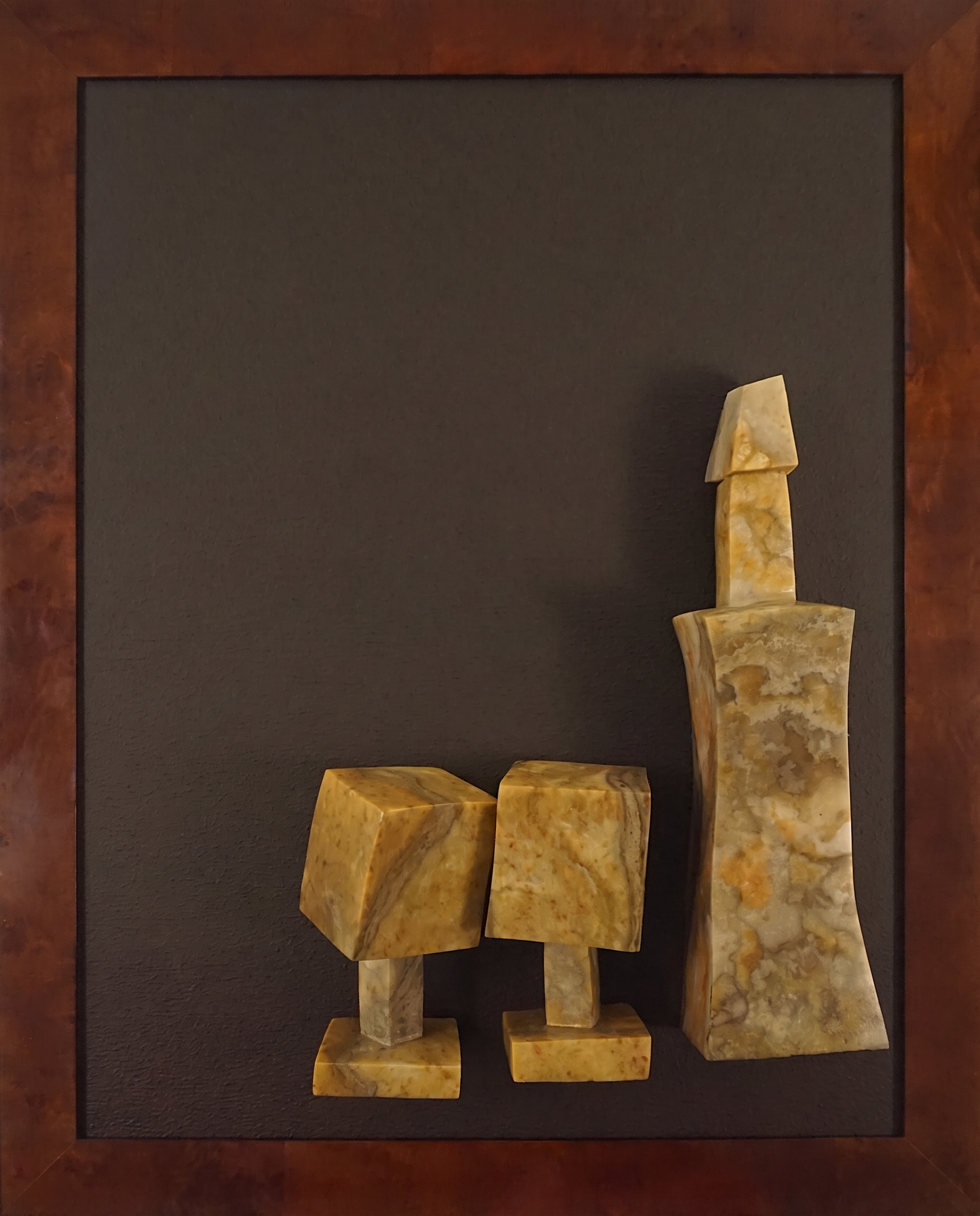 Barolo, Hand-cut alabaster figures on artist-built panel, hardwood frame