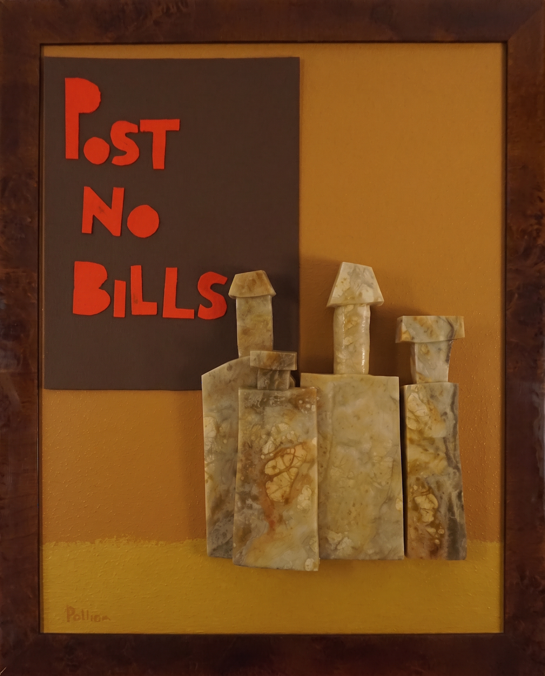Roots Pharmacy — Hand-cut stone bottles and painted lettering on artist-built panel, hardwood frame