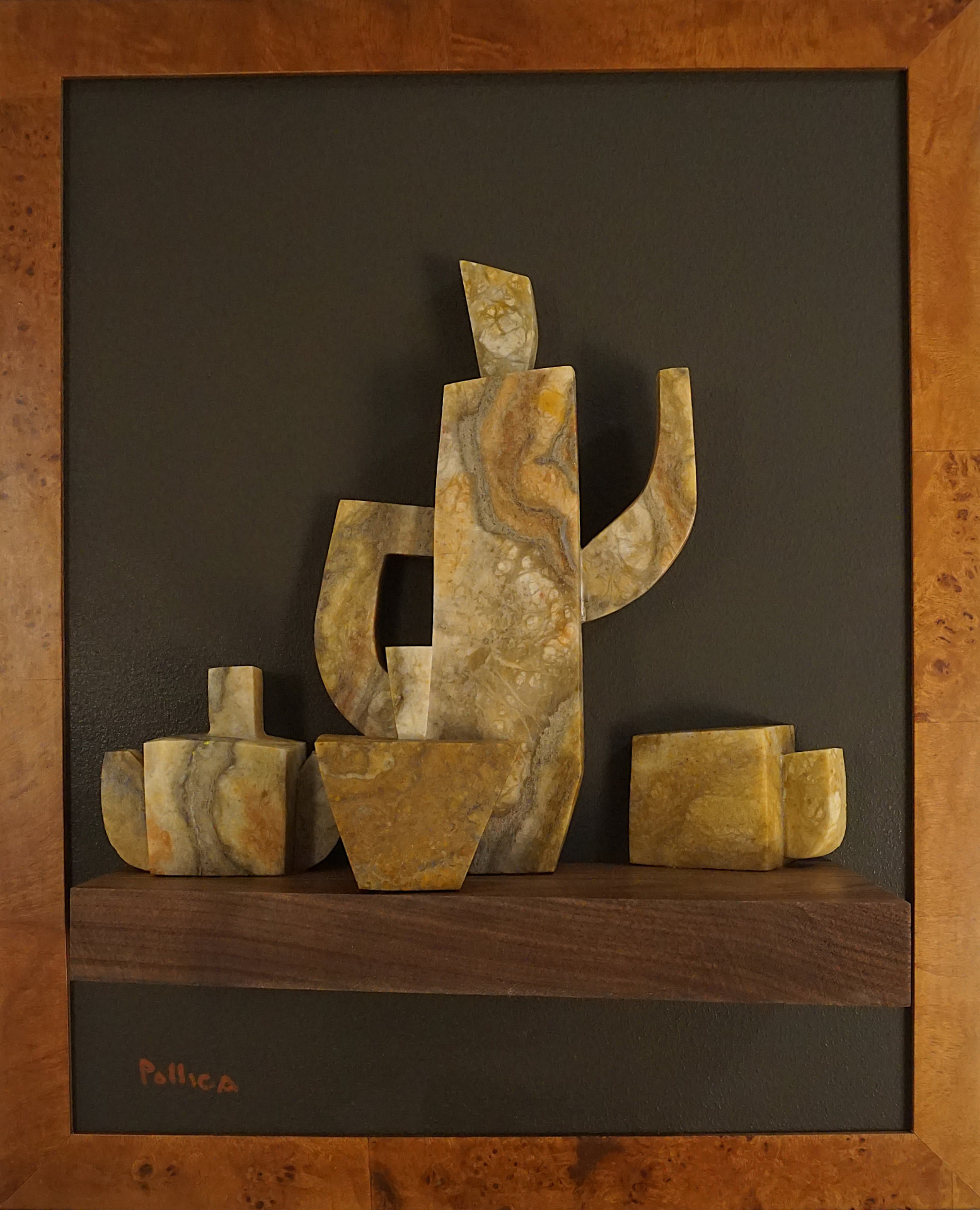 A Teacup in Mirrorland — Hand-cut stone teapot, cup, and vessel forms on artist-built panel, hardwood frame