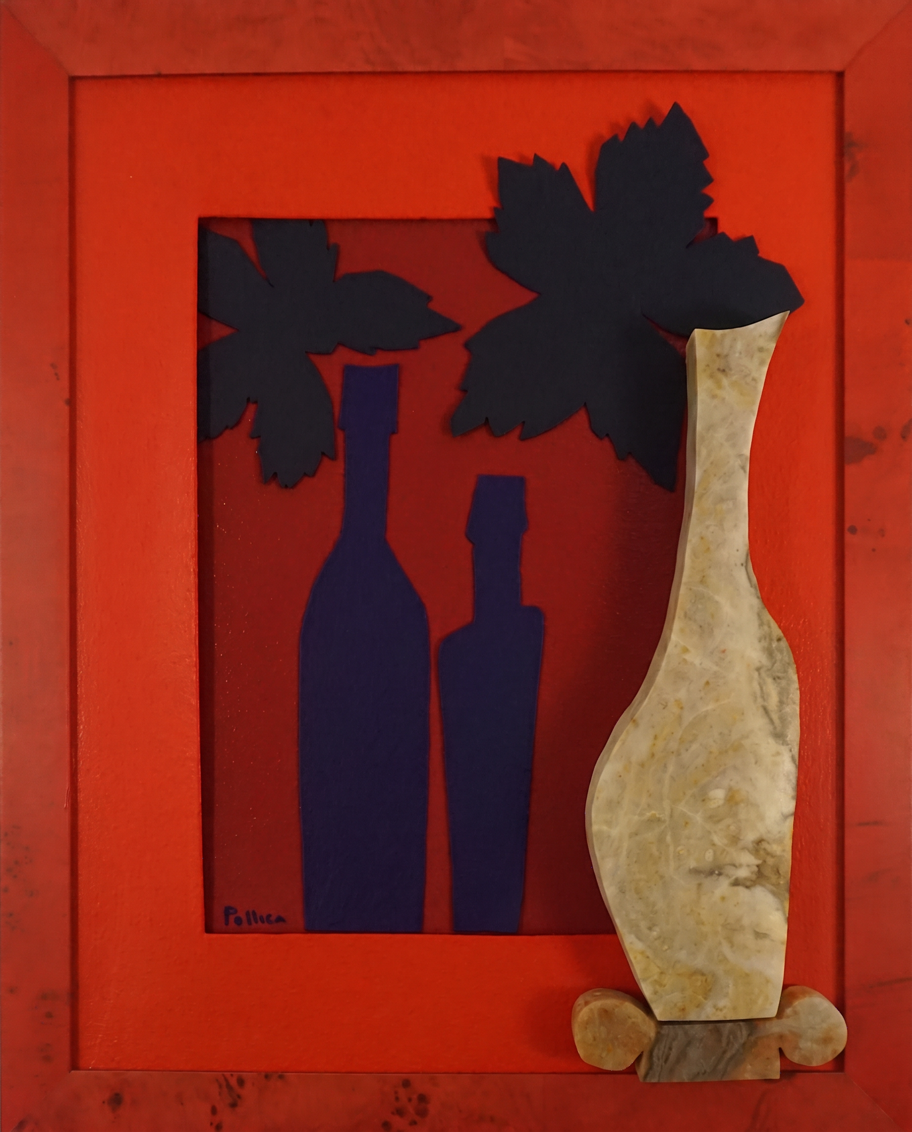 Ottavia — Hand-cut stone bottle relief with cut silhouettes on artist-built panel, painted hardwood frame