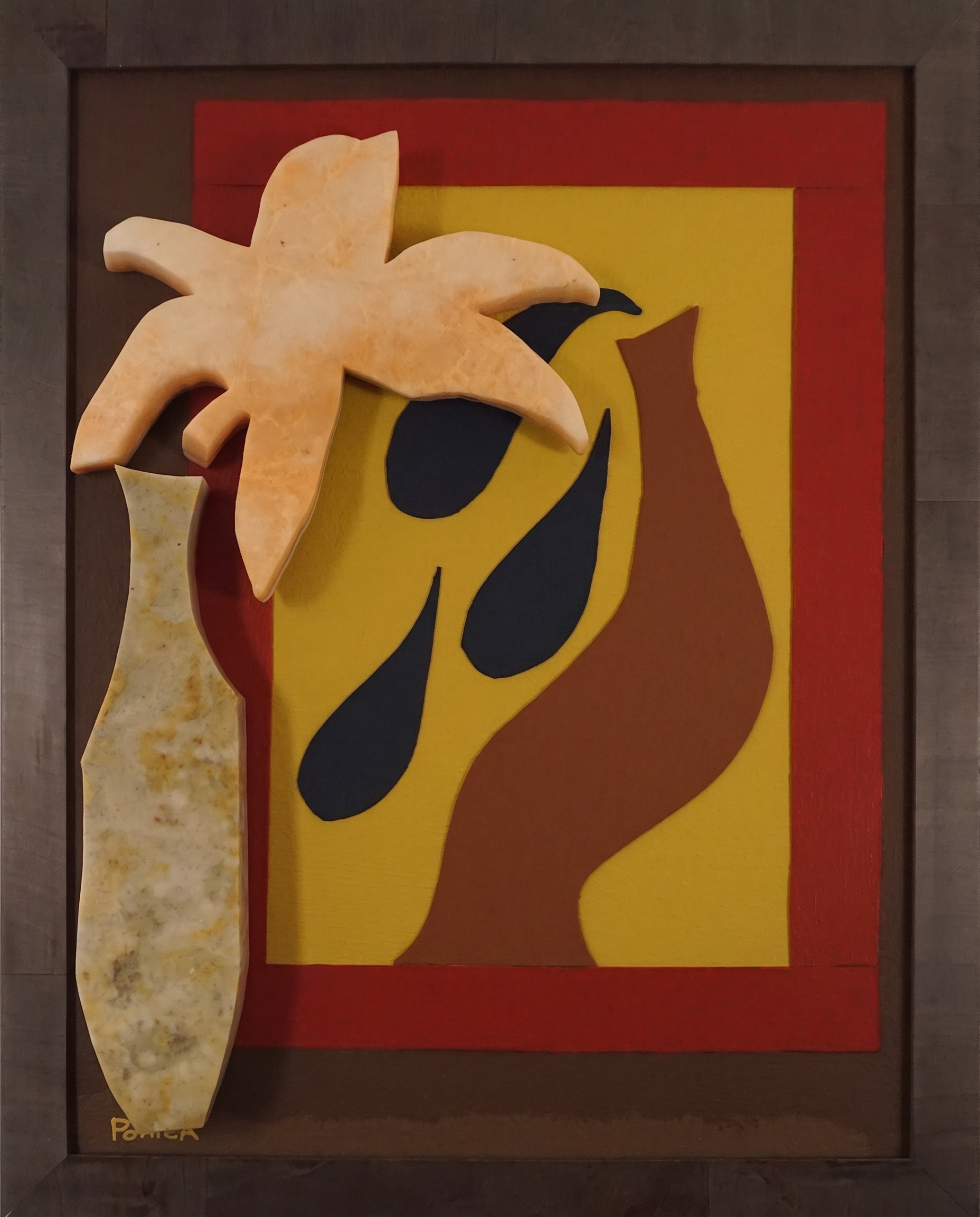 Room with Vase and Framed Picture — Hand-cut stone vase and leaf forms with cut silhouettes on artist-built panel, hardwood frame