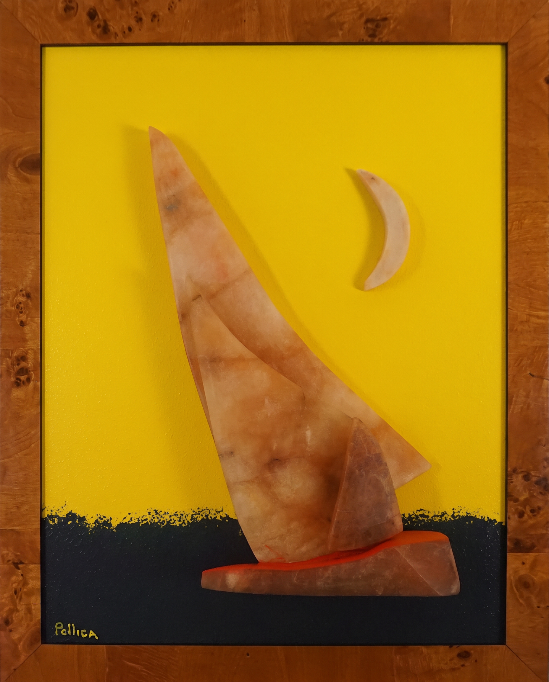 Windward — Hand-cut stone sails, hull, and crescent moon on artist-built panel, hardwood frame
