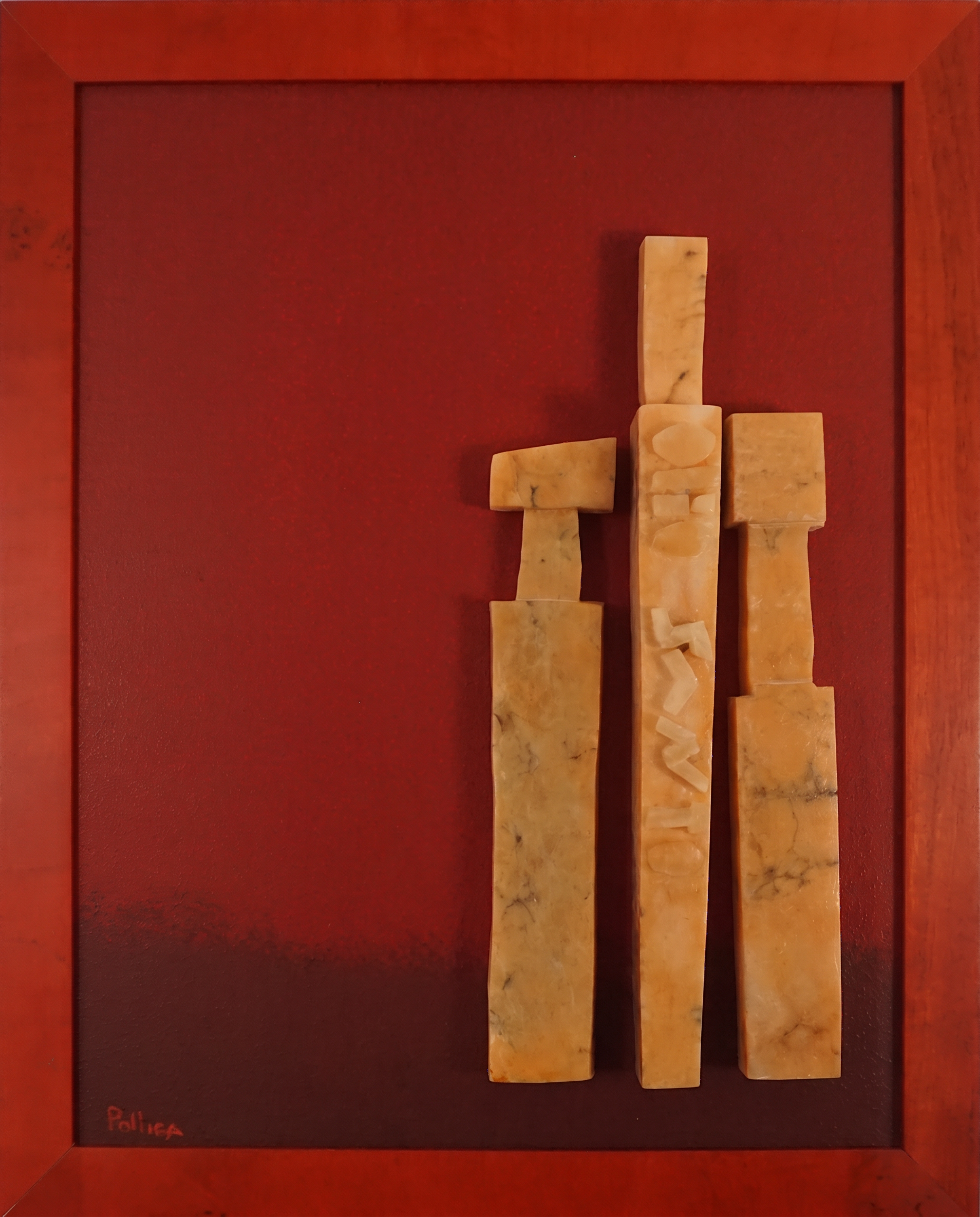 Olio Santo — Hand-cut alabaster figures with carved inscription on artist-built panel, painted hardwood frame