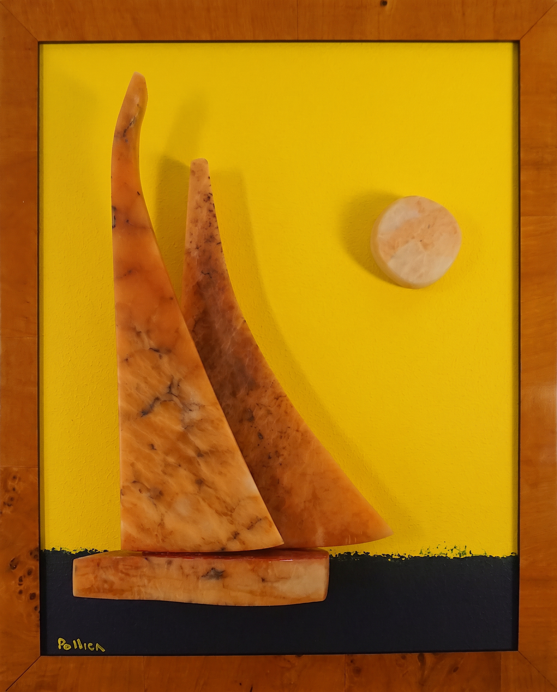 Westwind — Hand-cut stone sails, hull, and sun disc on artist-built panel, hardwood frame