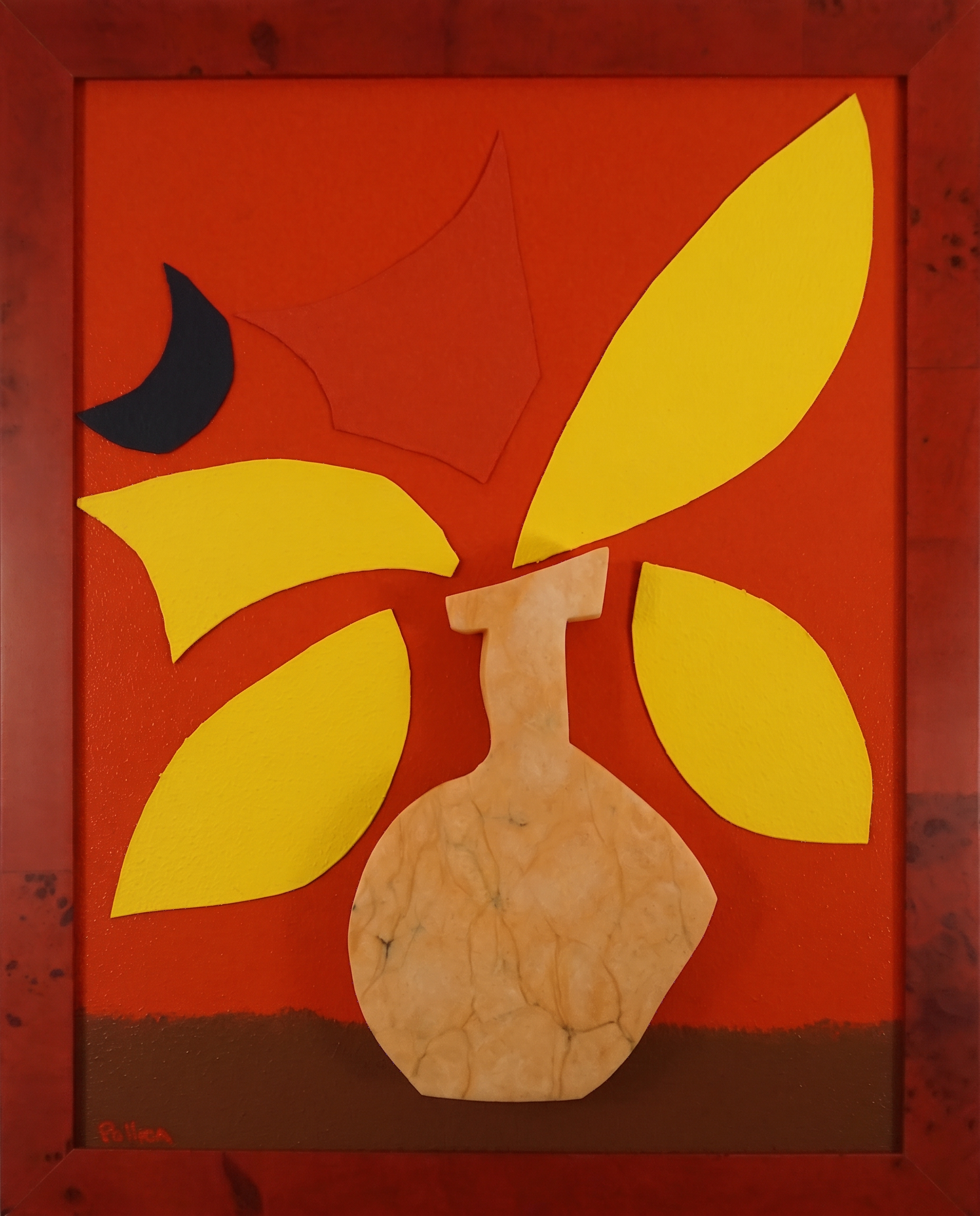 Olivia, Hand-cut stone and pigment shapes on artist-built panel, hardwood frame