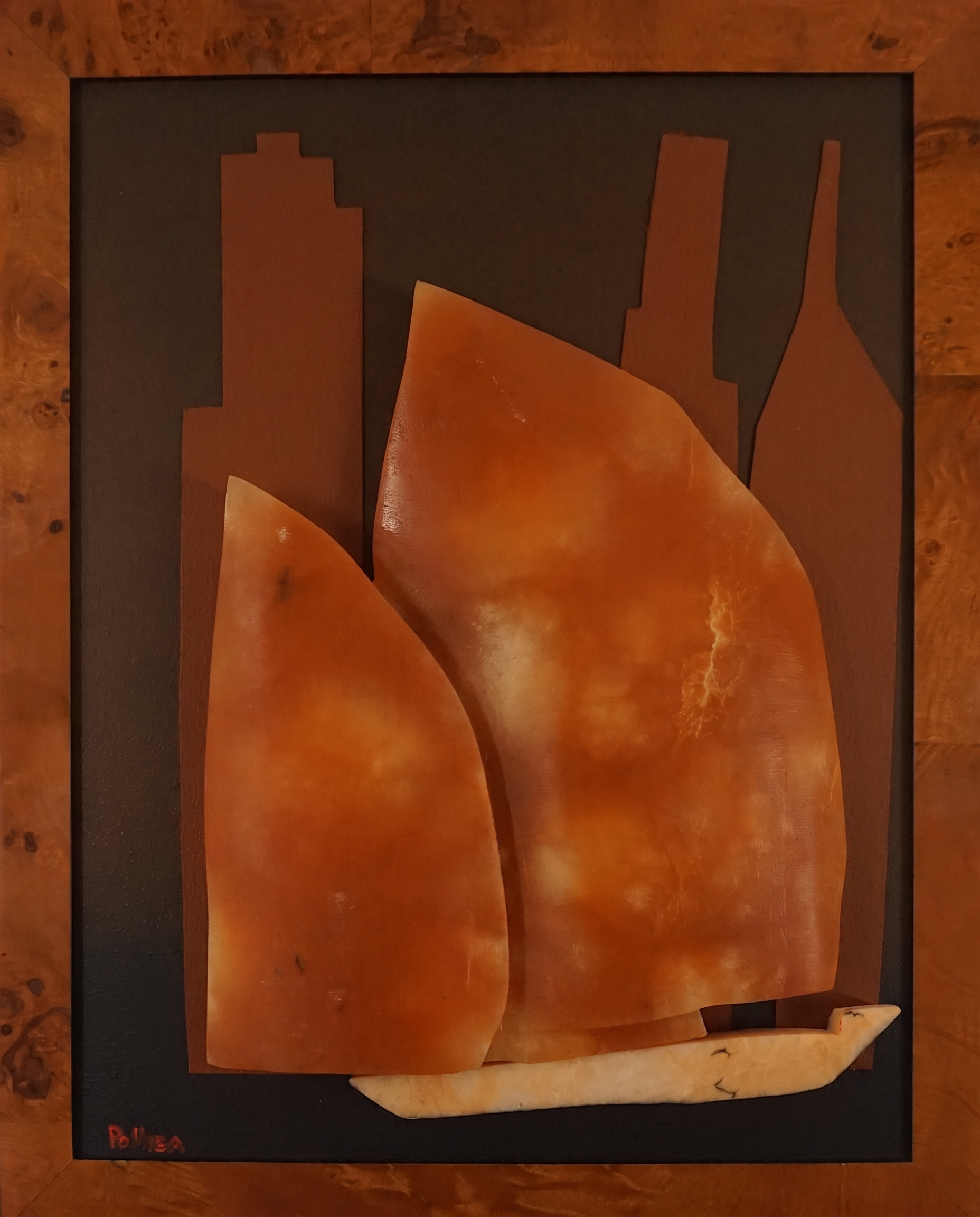 Tradewind — Hand-cut stone sails and hull with cut silhouettes on artist-built panel, hardwood frame