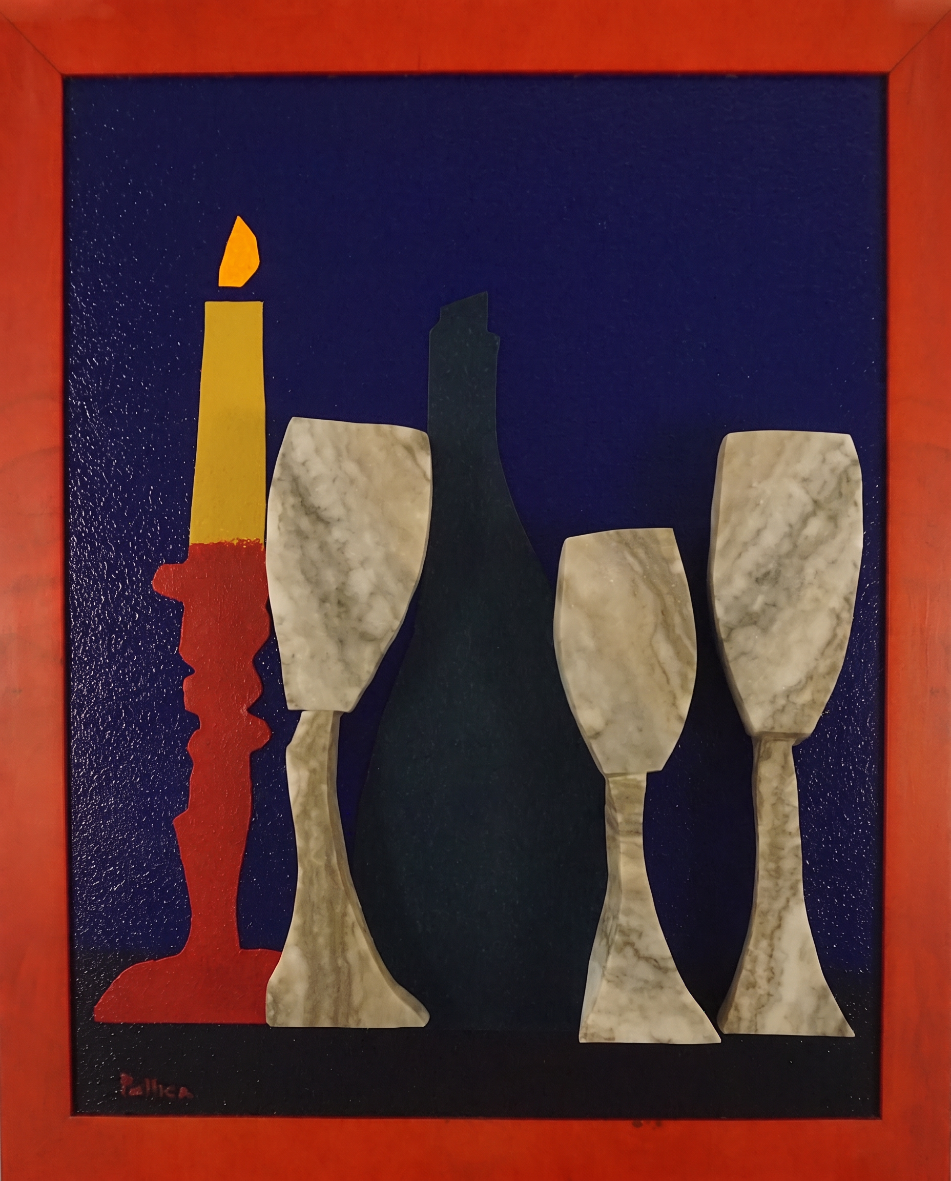 Momento Vivere — Hand-cut marble stemware and cut silhouettes on artist-built panel, painted hardwood frame