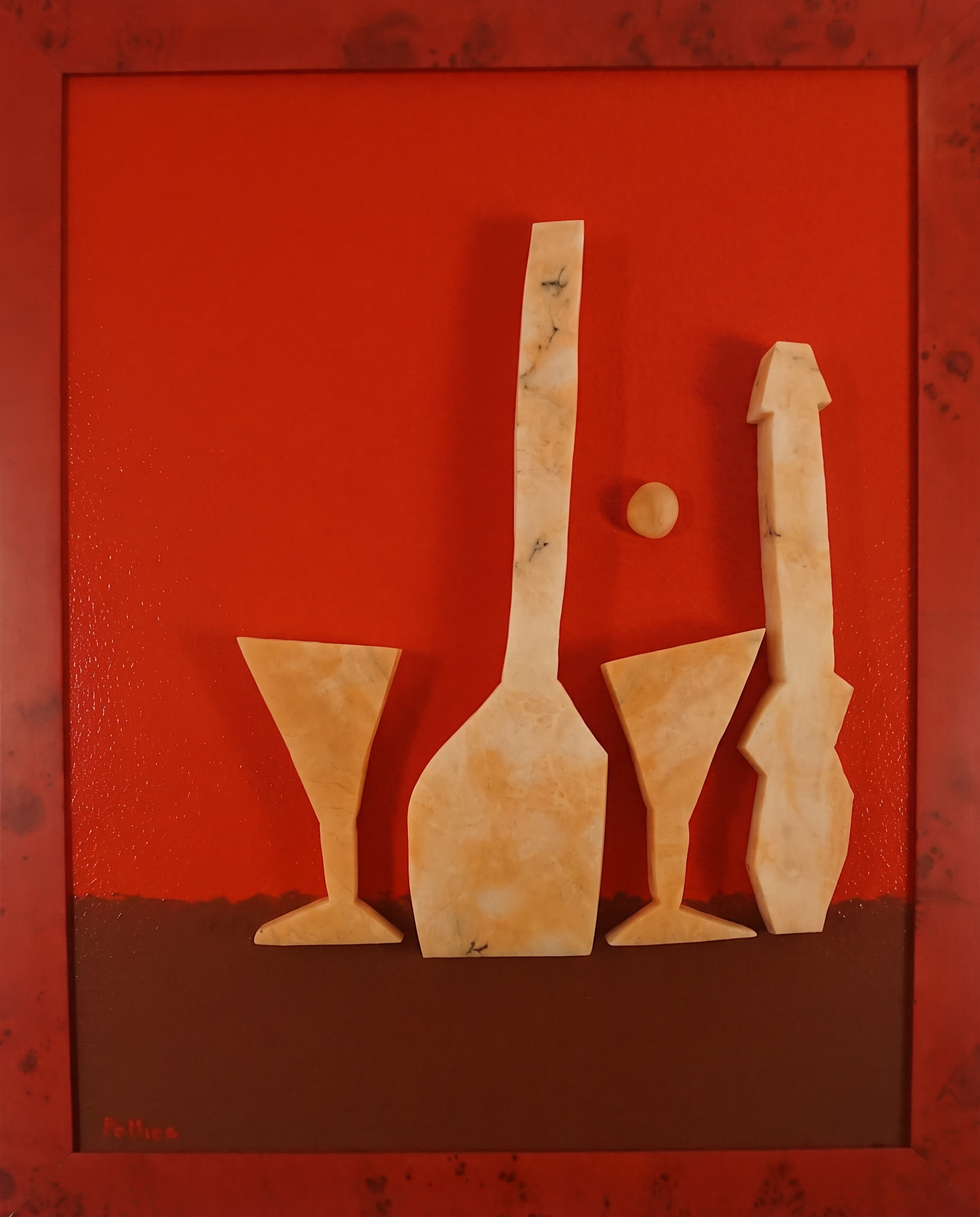 Vera — Hand-cut stone glasses and vessel forms on artist-built panel, painted hardwood frame