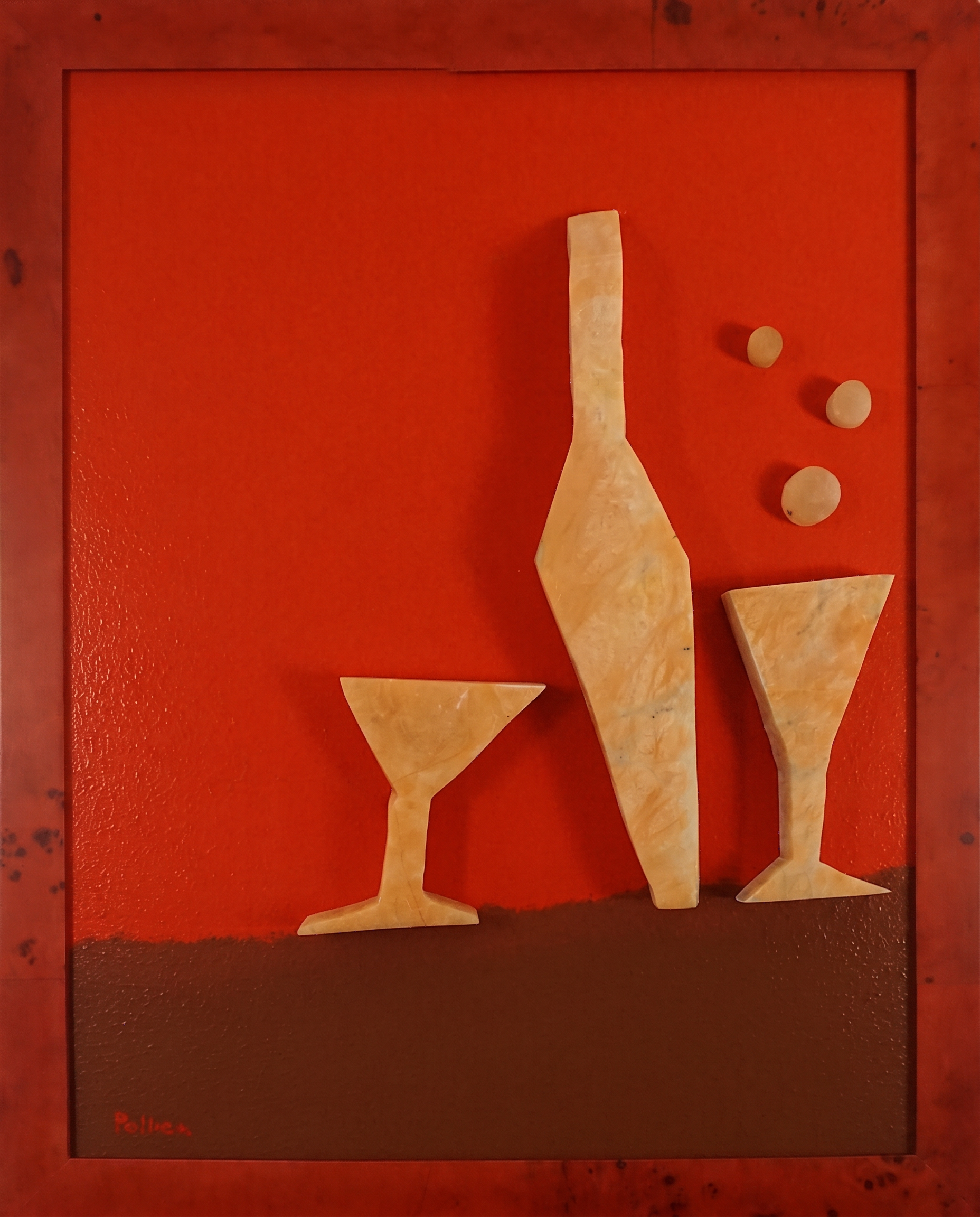 C'est Pollica — Hand-cut stone bottle and glass forms on artist-built panel, hardwood frame