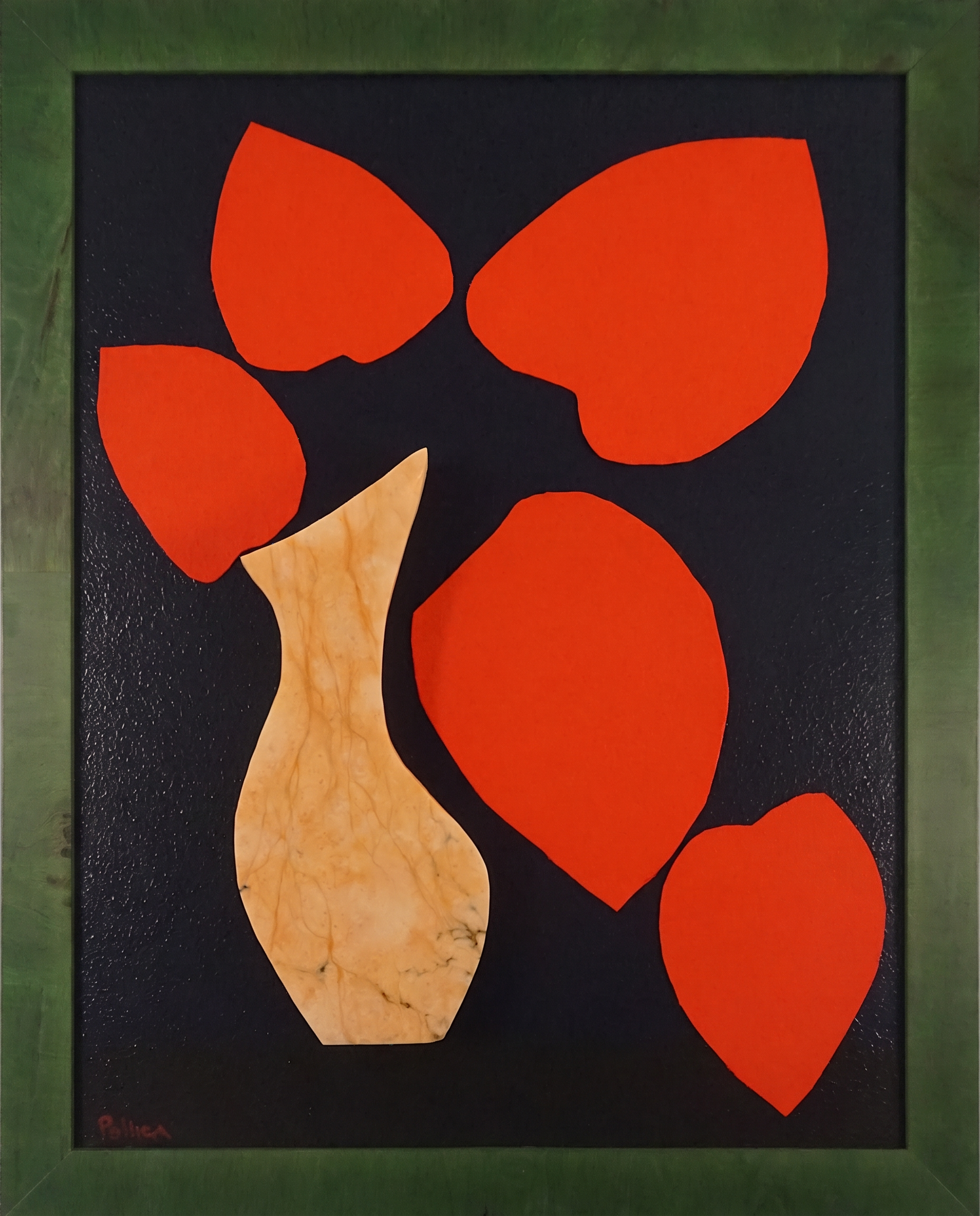 Vittoria — Hand-cut veined stone vase with cut pigment forms on artist-built panel, painted hardwood frame