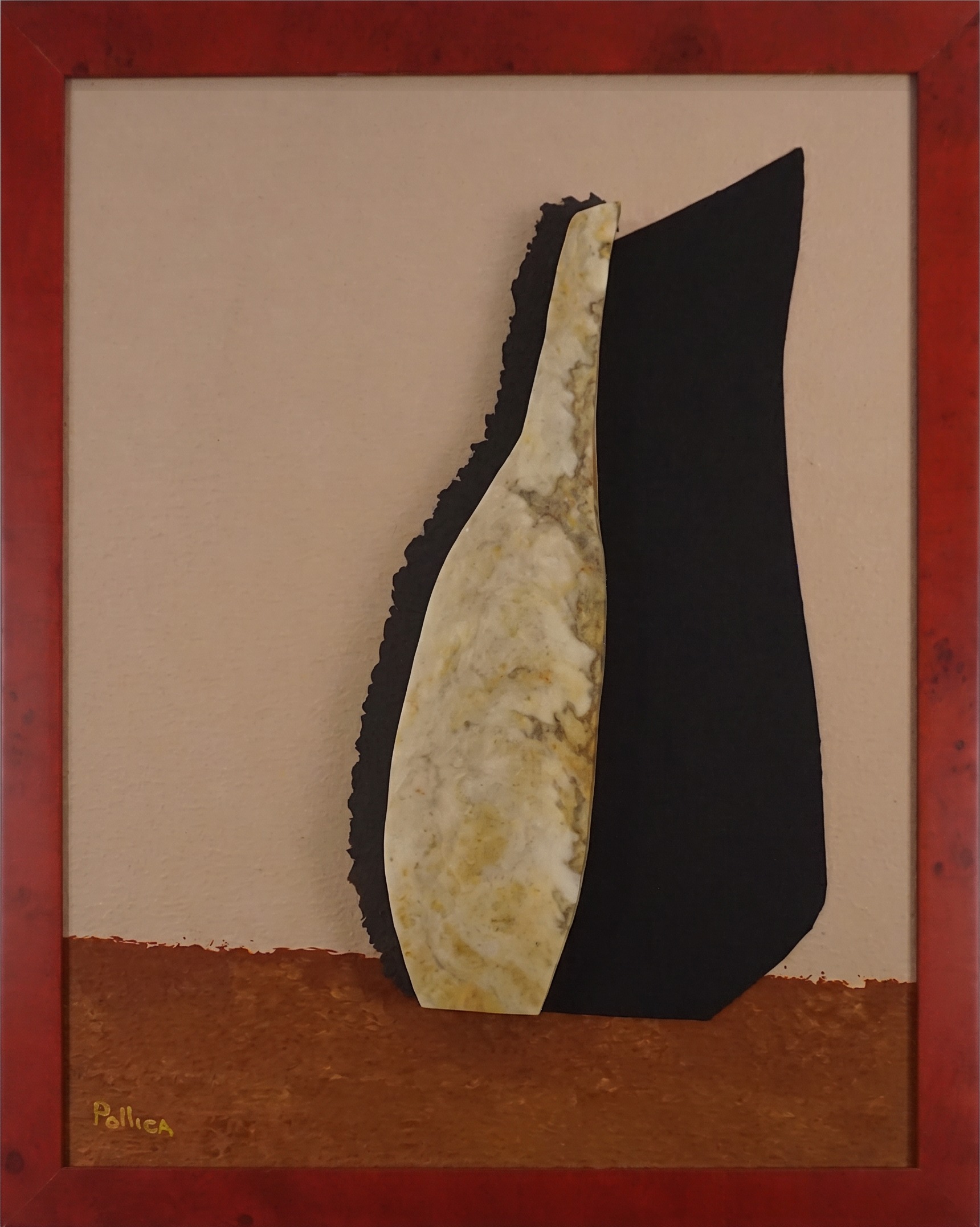 Il Silenzio di Morandi — Hand-cut stone vessel form with cut pigment shapes on artist-built panel, painted hardwood frame